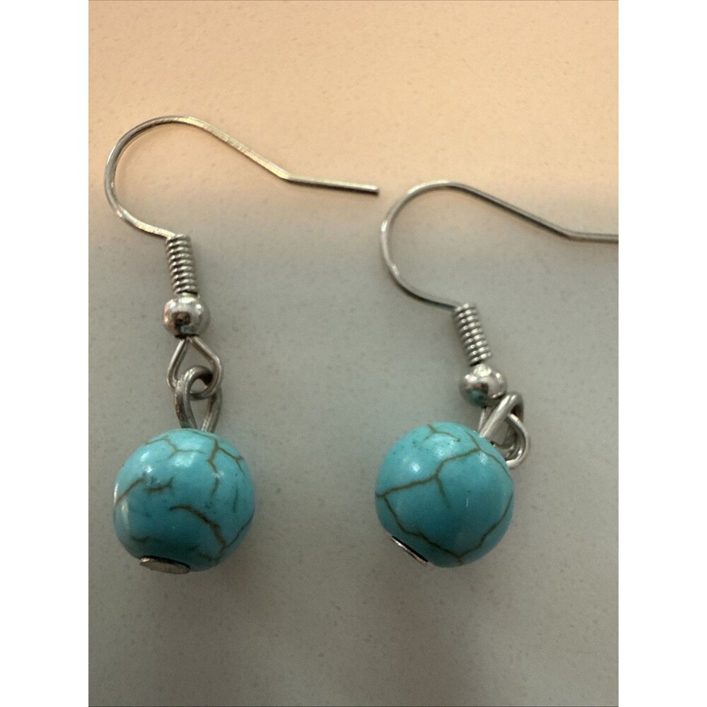 Blue Turquoise Color Beads Drop Hook Earrings Stone Gemstone Simple
